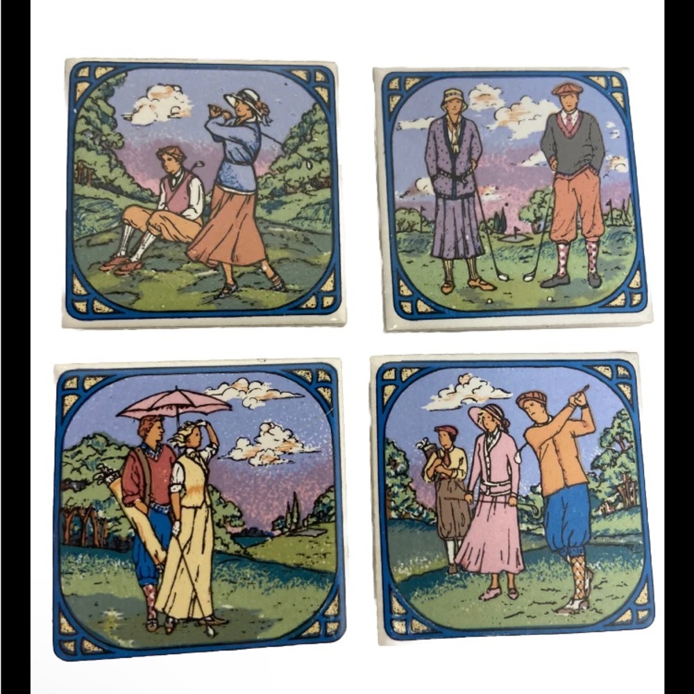 Vintage Santa Barbara Ceramic Design GOLF COUPLE Art Tile Magnets SBCD 90s SET 4